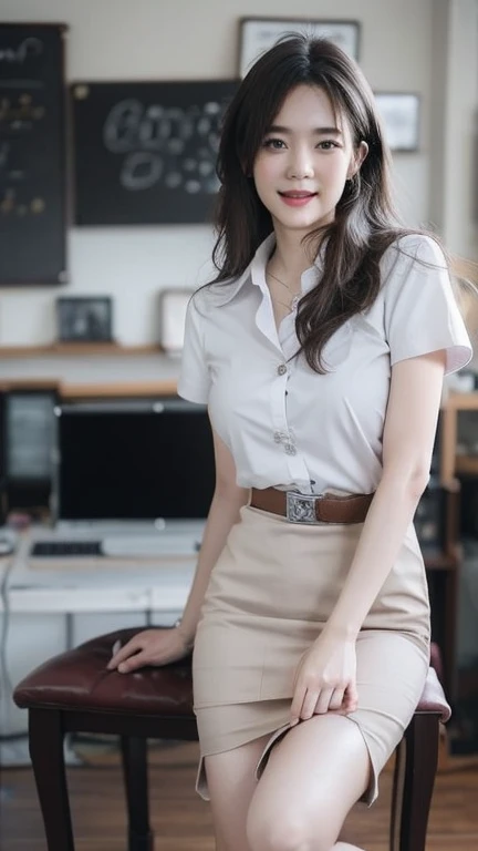 Pretty thai woman Hands on the waist , (8k, best quality, masterpiece, ultra highres:1.2) Photo of Pretty thai woman beautiful, beautiful enchanting fashion contemporary painting with , (1girl), (white shirt short sleeves), ((black pencil skirt)), belt , blonde hair, , realistic skin texture , round chin, 85 mm art lens, f 1. 2, sharp focus, 8 k high definition, insanely detailed, intricate, elegant, large breasts, big breasts , black skirt