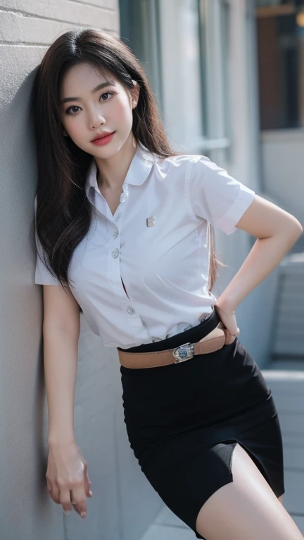 Pretty thai woman Hands on the waist , (8k, best quality, masterpiece, ultra highres:1.2) Photo of Pretty thai woman beautiful, beautiful enchanting fashion contemporary painting with , (1girl), (white shirt short sleeves), ((black pencil skirt)), belt , blonde hair, , realistic skin texture , round chin, 85 mm art lens, f 1. 2, sharp focus, 8 k high definition, insanely detailed, intricate, elegant, large breasts, big breasts , black skirt