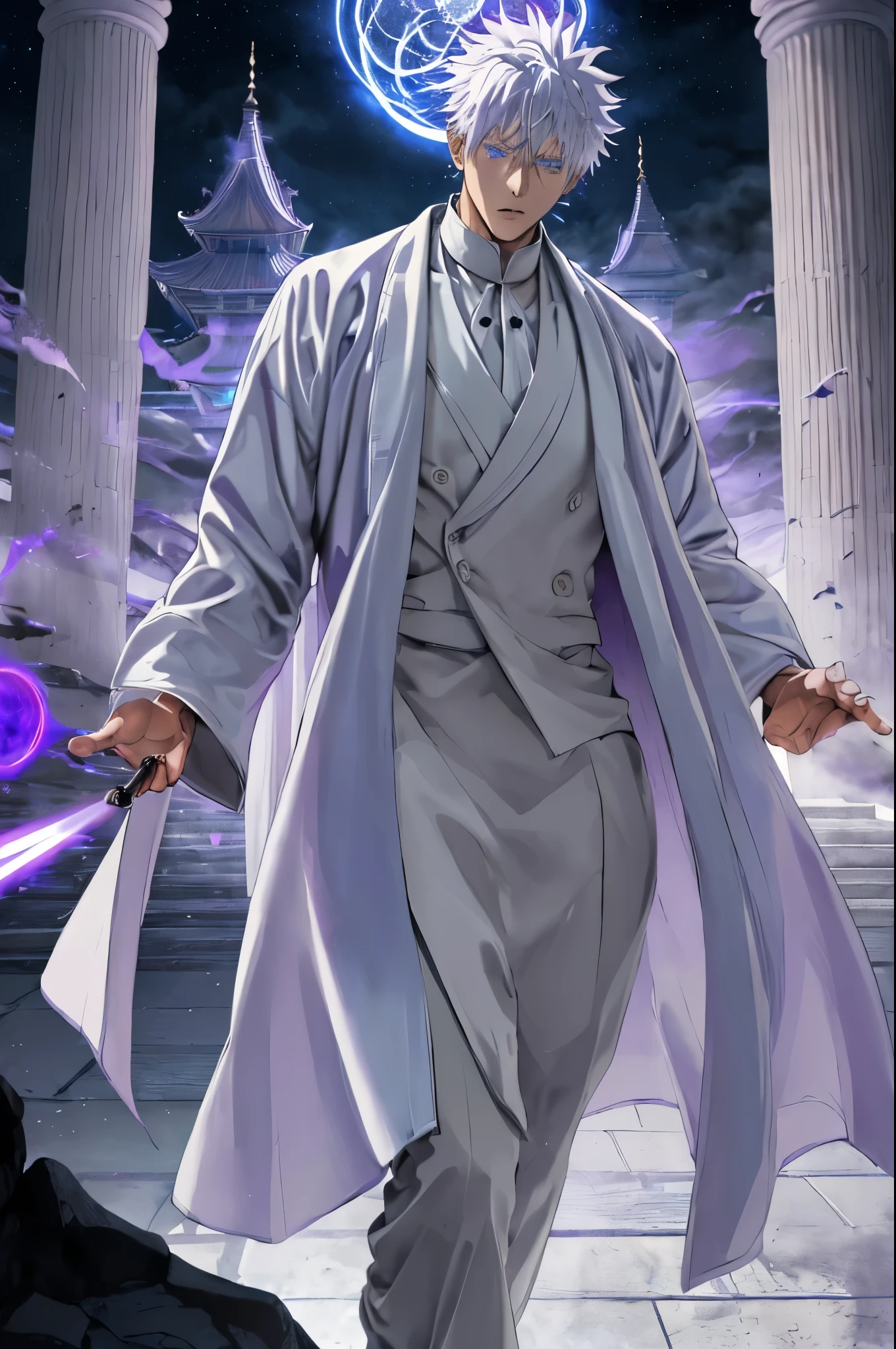 (masterpiece, illustration, anime:1.3), 1 person, Satoru Gojo from Jujutsu Kaisen, (mafia stylish clothing:1.2), Satoru Gojo(face), large white leather jacket(wool jacket), gala suit(mafia), standing inside a temple at night, (messy white hair:1.1), (blue eyes emitting blue light:1.2), (calm expression:1.1), (uncovered eyes:1.1), (powerful presence:1.2), (mystical atmosphere:1.2), (subtle moonlight:1.1), (intricate temple architecture:1.2), (ominous shadows:1.1), (flowing robes:1.1), (detailed folds and creases:1.1), (intense purple aura:1.2), (symbols of power surrounding him:1.1), (magical energy radiating:1.2), (spellcasting gestures:1.1), (mysterious artifacts:1.1), (ethereal particles:1.1), (dynamic pose:1.2), (epic soundtrack:1.2), (sense of awe:1.1), (magical prowess:1.1), over power, power up, sphere, extreme, focused.