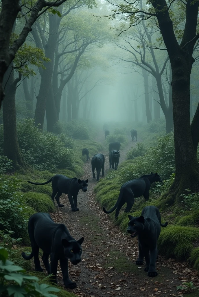 20 panthers in an Atlantis-like forest environment 