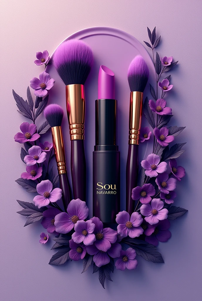 Purple makeup logo with brush and lipstick written: Sou Navarro Beauty