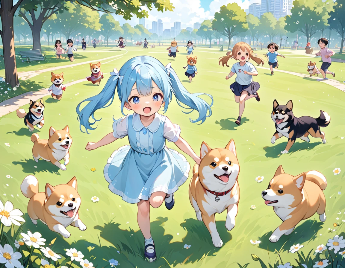 Light blue long hair、Beautiful girl with twin tails、A park full of grass and flowers、Five little characters playing、My beloved Shiba Inu dog is running around happily.、