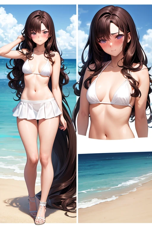 ((best quality)), ((masterpiece)), (detailed), 1 girl, full body, 19 years old, embarrassed face, young adult, somewhat short stature, purple eyes, brown hair, somewhat wavy hair, long hair, bang, blushing, very small breasts, sexy white bikini with little skirt, seductive legs, beach background, looking to me, anime