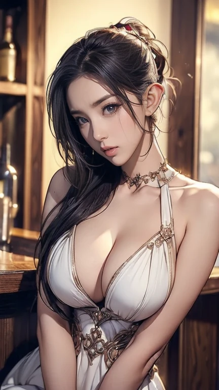 (masterpiece, best quality), A sexy fair-skinned female elf princess and big eyes and long ear is in a medieval fantasy world:1.0、 (at the bar:1.1), High forehead, long hair without bangs tied into a ponytail:1.0, harem, night, Detailed aspects, seduce 、Large Breasts、Big Ass、Wide waist、(Expose breasts1.0),((Looking sadly innocently into the camera:1.8))((crying :1.6)))
full-body shot:1.7
(Wearing sexy fantasy world costume,the costume is broken:1.3)
(Wearing Magic witch costume)
(There are scars on clothes:1.8)
(The costume is very sexy,show a sexy weist:1.4)
Light golden hair:1.8
((feel pain:1.7))((Frowning and wanting to moan:1.7)) (almost close eyes:1.5)
Lie on the chair:1.6
Show armpits:1
Open the month slightly:1.7
Beautiful leg:1.2
eyebrows curved downward:1.2