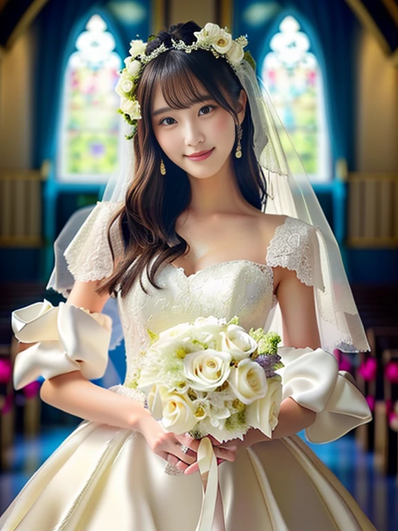 Photo-realistic quality、a woman in a Wedding dress holding a bouquet of flowers、20 year old Japanese model、白のWedding dress,Hanae Mori style wedding dress、lace prom dresses、looking at the camera、Detailed and beautiful eyes、Cute smile、Relaxed and gentle expression、a close up of a woman in a Wedding dress holding a bouquet, Wedding dress,  So magical and dreamy