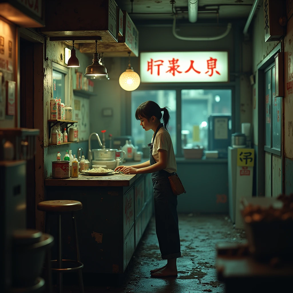 ((masterpiece、Highest quality))、Poor conditions、Japan 1980s, Dirty Standing Tavern、Old and dirty store, Unsanitary and dirty downtown Tokyo, Japan Streets, Cute girl working at the store、Poor workers、Rusted corrugated iron, Unhygienic restaurant, in the Tokyo cityscape, Kodachrome : : 8k yen, Vintage Photography, Printed matter from the 1970s