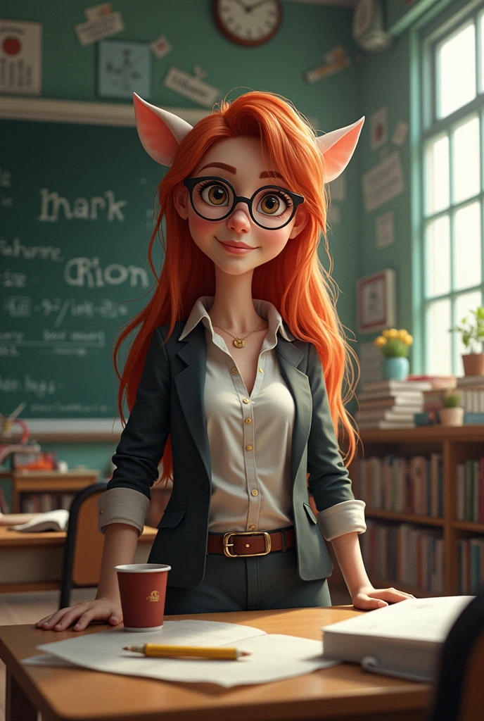 a teacher with long hair and animation glasses but with a body