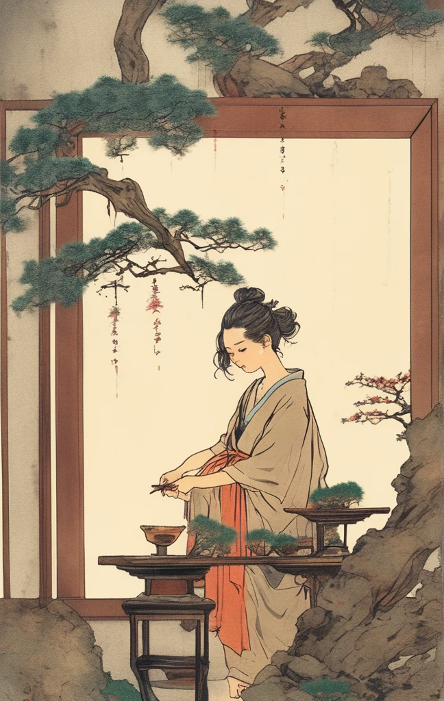 A girl wearing a T-shirt with a bonsai design