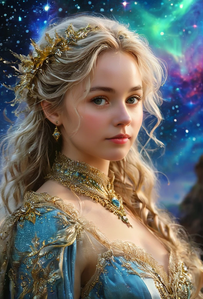 (Highest quality,4K,8k,High resolution,masterpiece:1.2), Very detailed, (Realistic,photoRealistic,photo-Realistic:1.37),(Numerous award-winning masterpieces, Incredibly detailed and textured, Maximum resolution and clarity), (Hyper-Realistic:1.4)Beautiful girl in the foreground, (She is of French descent, She is a beautiful woman with fine eyes and a high nose.:1.1), Thick eyebrows, Detailed facial features, Long and graceful neck, Flowing locks of hair, Calm and elegant posture, Dreamy atmosphere, Surrealism, Mysterious Aura, 19th century France, Fascinating, (Detailed landscape of Asgard in the background, Aurora shining in the sky:1.6), (Starry sky with constellations:1.5), Very detailed, 8k, Very detailed, photoRealistic, masterpiece, (Natural light:1.4)、White Hair、dreamy、goddess、Smile