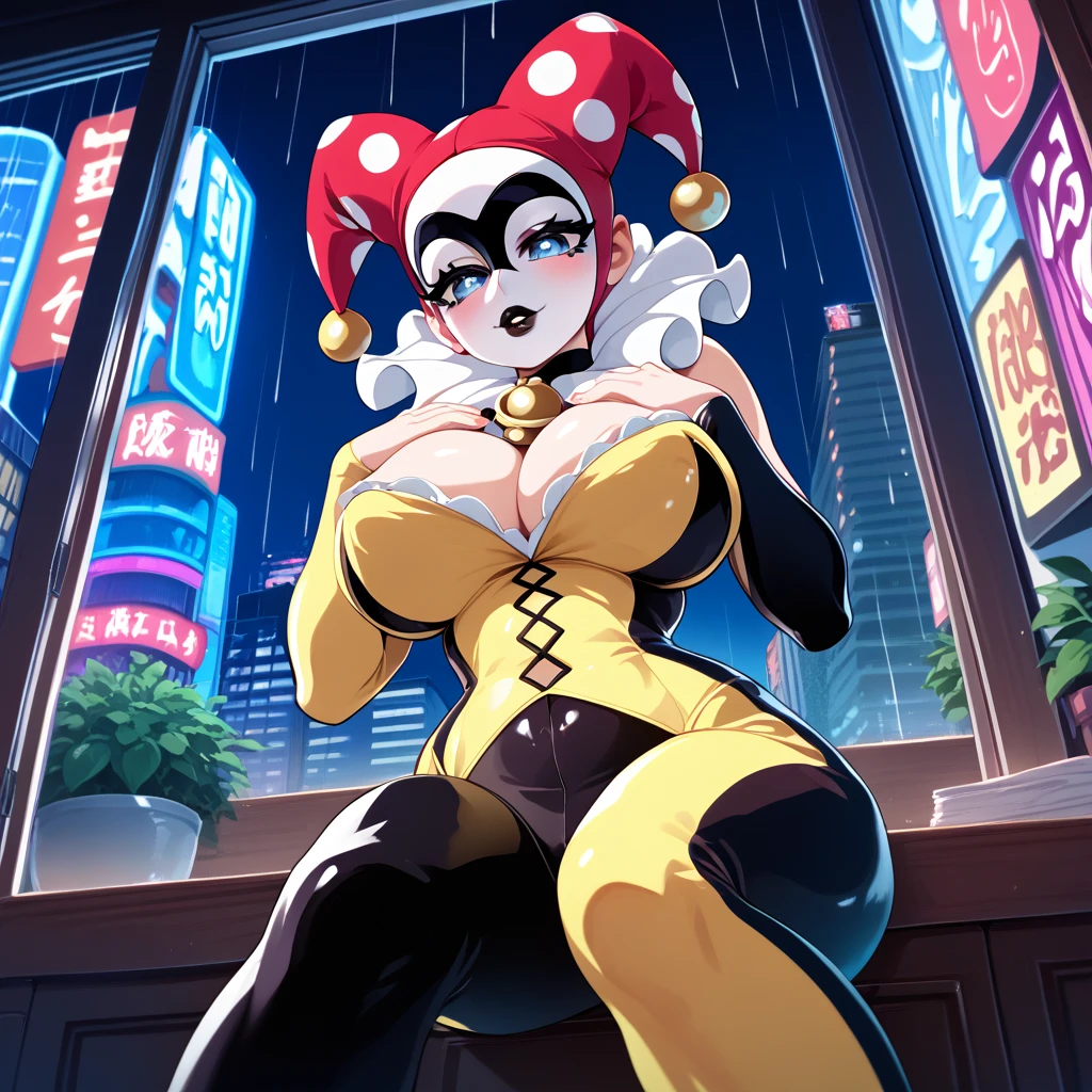 (safe for work) Highest quality, detailed, 1 female, low angle, wide shot , front facing, separated breasts, huge breasts, white pupils, thick thighs, muscular quads, white makeup, puckered lips, black full lips, black lipstick, BLACK and YELLOW spandex suit, neck ruffles, diamond patterns, no hair shown, tucked away hair, white full lidded eyes, black diamond masquerader mask, red circles on cheeks, black jester cowl, black jester hat, full jester head covering, jester head piece, hearts floating above head, flushed, sitting, headed tilted backwards, hands on chest, intricate clothes lining,, night, raining, Tokyo, neon signs, detailed city, cozy apartment, therapy office, floor to ceiling window, deep black interior design