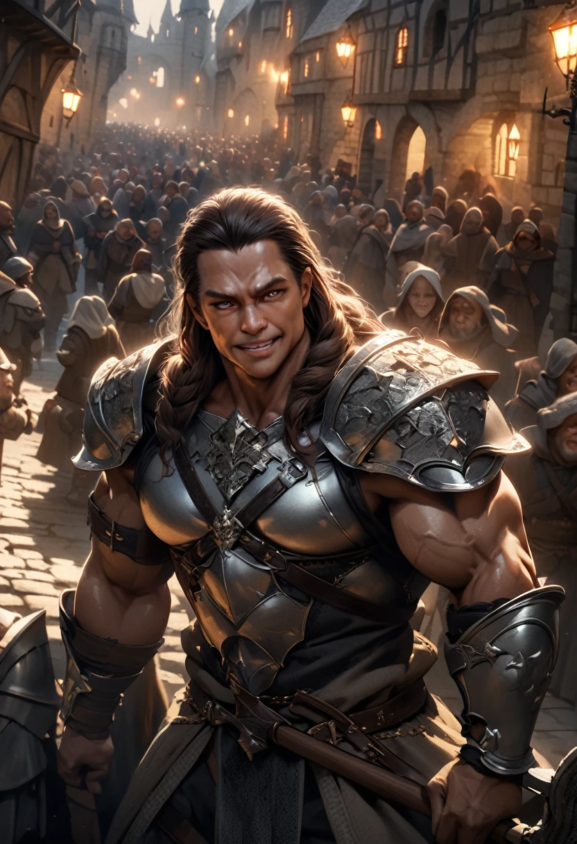 (((intricate design))) (((professional))) (((clear focus))) (((32k UHD Resolution))) (((photorealistic))) (((hyper-detail))) (((masterpiece))), ultra-realistic, expressive eyes, perfect face, mesmerising eyes, perfectly detailed anatomy, low contrast, a digital render (((Volumetric lighting))) (((natural lighting))) (((nighttime))) (((1Male))) (((Bodybuilder))), (((muscular))), (((hyper pecs)) elegant dwarf, dark brown eyes, light skin, curly glossy braided long hair, fat complexion, cheerful expression, transparent armour, (((in a medieval city, full of people))) wielding a war axe,