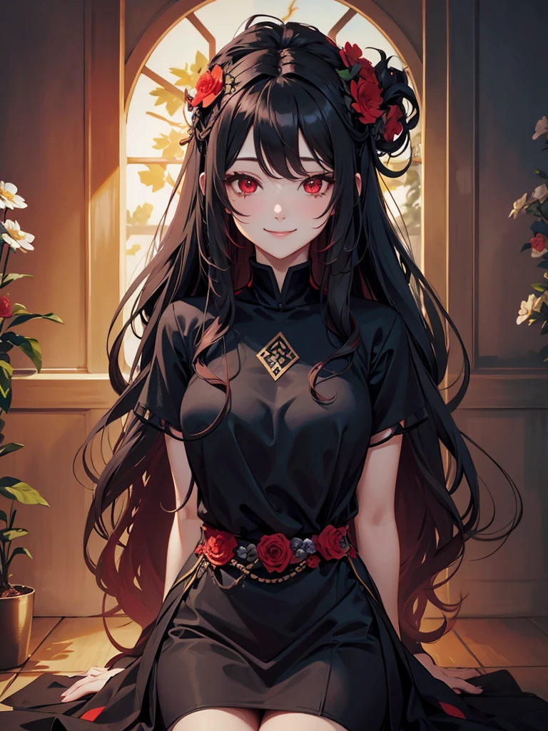 woman, red eyes, black  long wavy hair, wearing flowers on her head. she smile