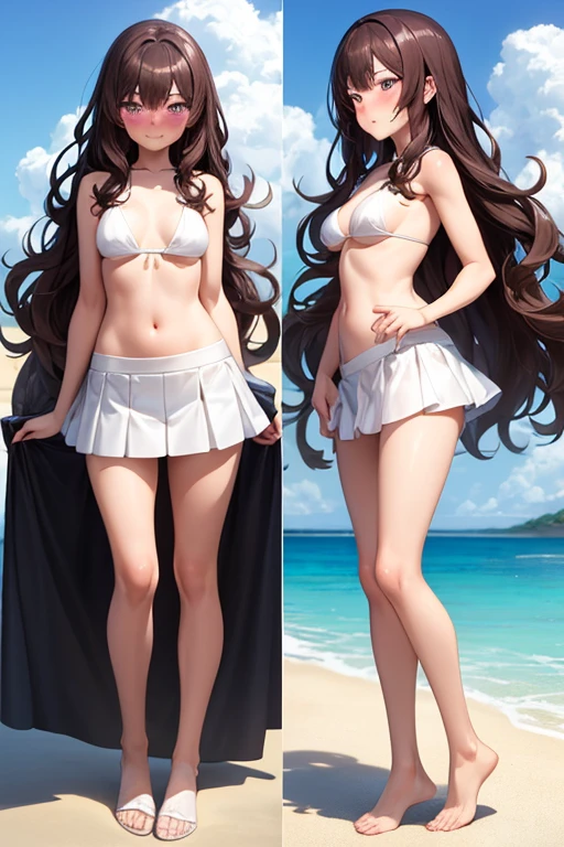 ((best quality)), ((masterpiece)), (detailed), 1 girl, full body, 19 years old, embarrassed face, young adult, somewhat short stature, purple eyes, brown hair, somewhat wavy hair, long hair, bang, blushing, very small breasts, sexy purple bikini, seductive legs, big butt, sexy butt, head down butt up, beach background, looking to me, anime
