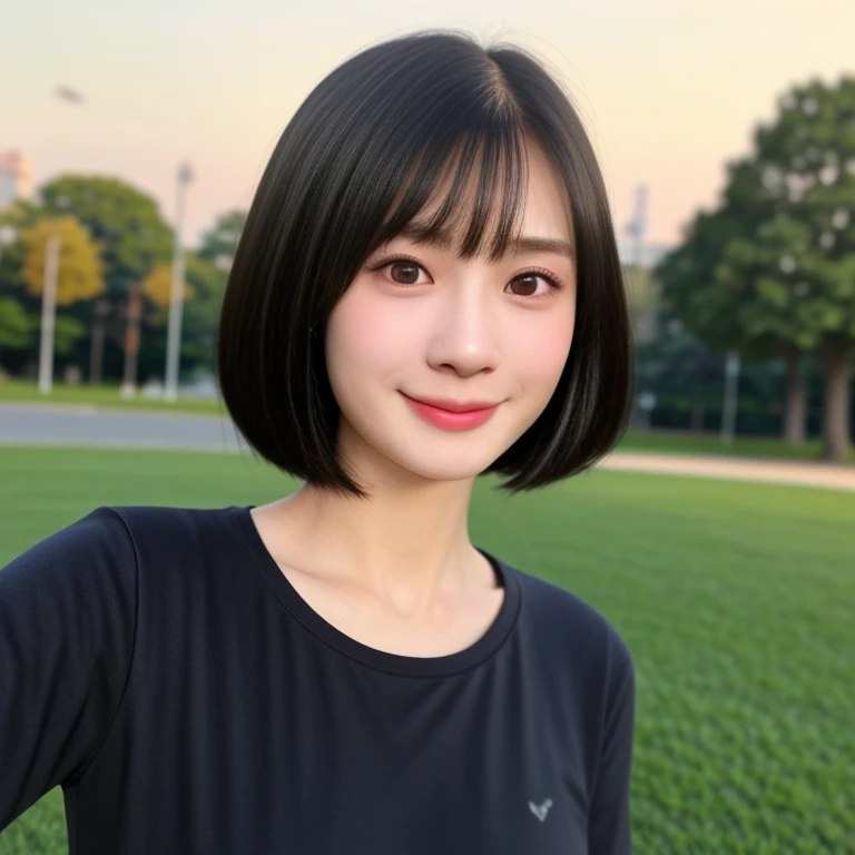 (kawaii 24 year-old Japanese girl, Nogizaka idol, Korean idol), healthy female athlete body, (glossy black hair, short hair, pixie cut, bangs:1.3), (rounded face, pure black eyes, single eyelid, no makeup, splashing smile:1.2), (wears crew neck t-shirt:1.3), extra small breasts, BREAK, (park background, turf:1.3), (dynamic angle, bust shot:1.2),  BREAK, (masterpiece, best quality, photo realistic, official art:1.4), (UHD, 8K quality wallpaper, high resolution, raw photo, golden ratio:1.3), (shiny skin), professional lighting, physically based rendering, award winning, (highly detailed skin, extremely detailed face and eyes, anatomically correct body), Carl Zeiss 85 mm F/1.4, depth of field, 1girl, solo,