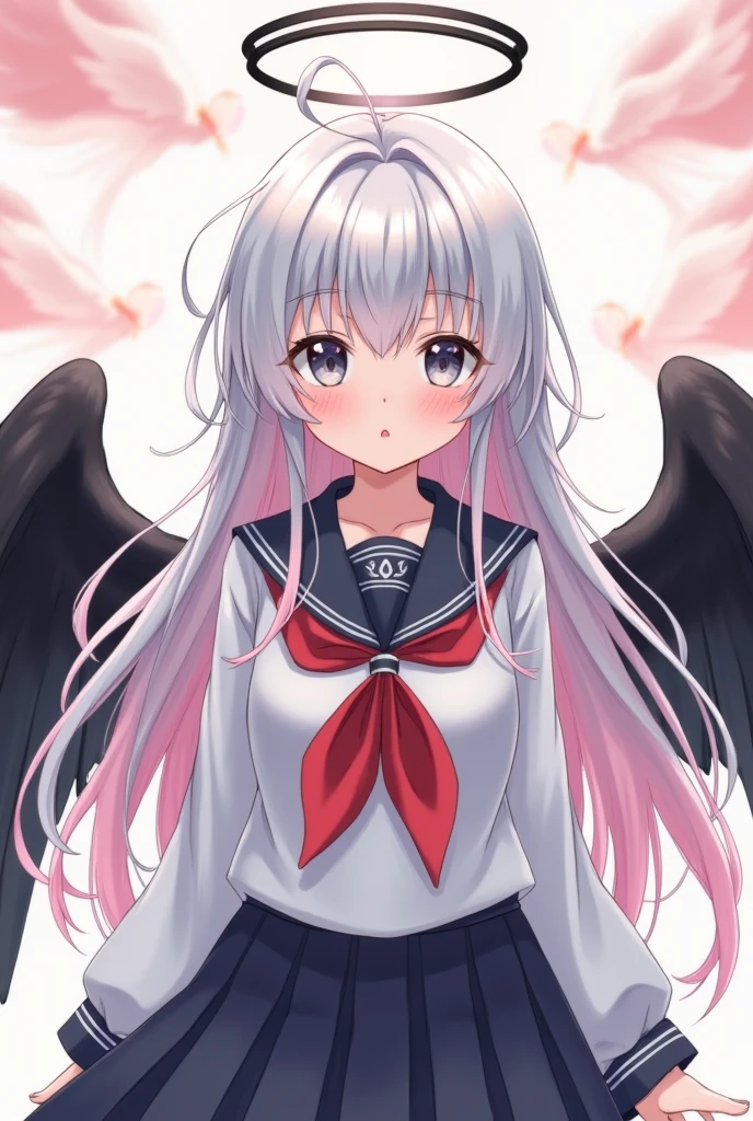 a beautiful girl with silver hair, gray eyes. pink hair with white gradations, wearing a Japanese school seifuku uniform, wearing black wings. and a ring of angels overhead.