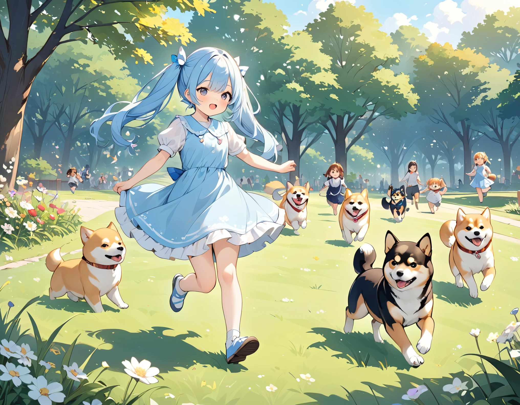 Light blue long hair、Beautiful girl with twin tails、A park full of grass and flowers、Five little characters playing、My beloved Shiba Inu dog is running around happily.、