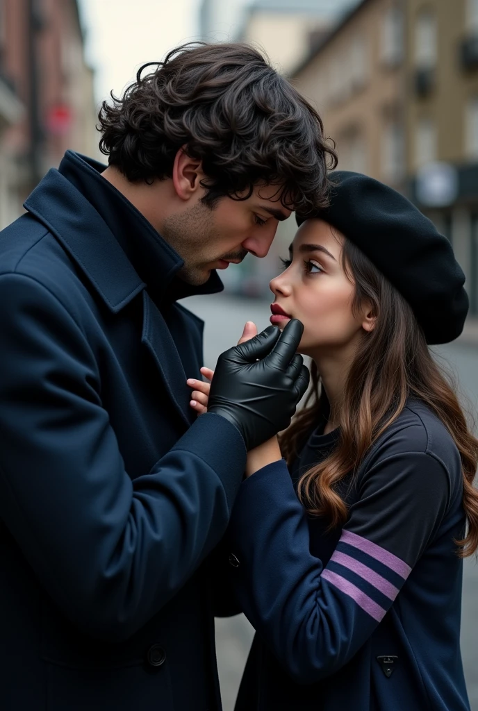 Scherlock Holmes from the Scherlock bbc series kissing the hand of a Brazilian girl with long brown wavy hair brown eyes wearing a black beret and a black and purple t-shirt with black gloves and wearing a blue overcoat in the same style as Scherlock, realisitic,next to them Doctor Watson also from the bbc series Scherlock is taking a picture of the two