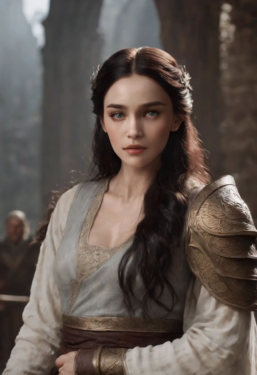 Daenaera ou Dae is the daughter of Rhaenyra and Daemon. She's a strong and intelligent, named the most pretty Targaryen and she is the heir of the throne. 
(Her favorite siblings are Beyla and Jace)

Dae is the only female in the family who knows how to fight and have acknowledge about war.  Her dragon is called Ayneris, is a pretty old dragon, and only sympathize with her. 

(She's born with black hair, she's the only Targaryen with this trait. Daenaera has a genetic disease that's why her hair is dark)

Dynamic pose, realistic, pretty princess, light skin girl, 26 years,ultrarealism, dark hair, house of dragon, HD, 4k