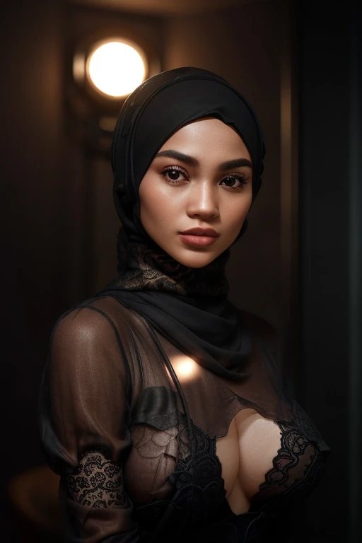 In this photograph, an Indonesian Instagram female model in her mid-20s takes center stage. , (highly detailed face:1.4) (smile:0.7) (backround 5 star hotel , moody, private study:1.OV, by lee jeffries, nikon d850, film stock photograph ,4 kodak portra 400 ,camera f1.6 lens ,rich colors ,hyper realistic ,lifelike texture, dramatic lighting , cinestill 800, realistic, wearing Black brocade lingerie, she wears a luxury brocade hijab, ((hijab)), actress, karla ortiz, posing!!, candid picture, by Max Dauthendey,Completing the aesthetic, the model show her breast. ((big breast:1.3)), yo can see the nipple visible,The photograph is meticulously captured in 8K resolution using cutting-edge techniques such as Cinema 4D and Octane Render, resulting in a highly detailed and photorealistic image. Studio lighting, HDR, and a smoky mist create a captivating ambiance, while the bokeh effect adds an artistic touch, put details on fingers