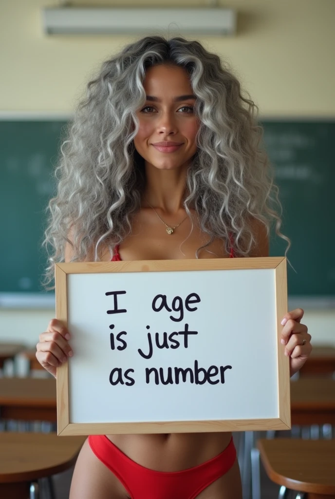 A beautiful youthful looking Hispanic version of a gray haired asian version of Selena Gomez as a 50 years old woma n with long her completely gray hair in a big curls styles as a supermodel wearing a Lingerie standing in a high school classroom holding a white board with text "I age is just a number" and showing it to the viewer