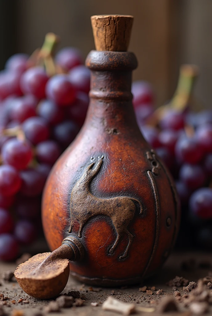 A horizontal photographic image with a close-up of a wineskin, ancient, leather,  animal shaped and with drinking spout, of those used in biblical times. Add a blurred background of purple grapes, apply a subtle layer of purple tint to the image