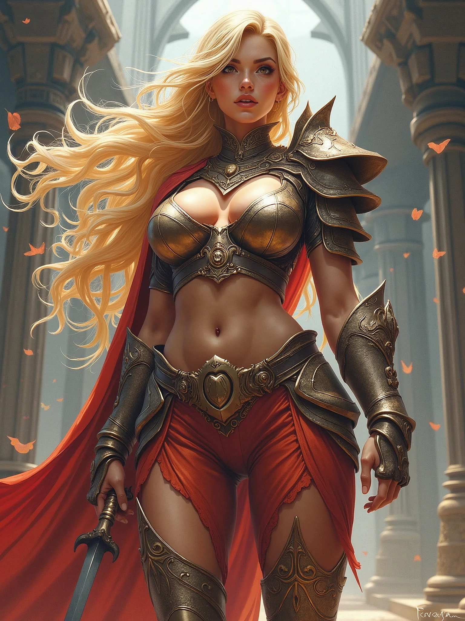attire, Very long blonde hair fit Woman wearing amazin armor, Womanly, impossibly small tiny waist abs waistline, circumference of lower extremities far exceeds 80 inches hips, huge breasts, she has massively immense hip measurements, with the largest fit buttocks, location: Dragon's Crown first kevel, intense detail, bold leggings, semi realistic anime style, A bottom-heavy, superior body part, voluptuous lower fit body, feminine figure, portraits, Reductionist form, mujercore, bold lines, an Inferior Physical Goddess