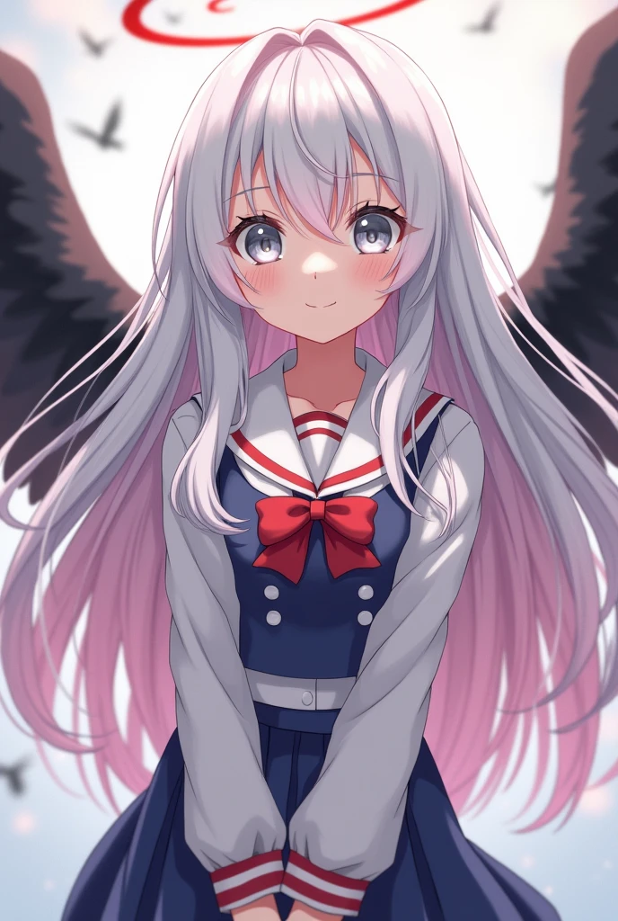 a beautiful girl with silver long hair, gray eyes. pink hair with white gradations, wearing a Japanese school seifuku uniform, wearing black wings. and a ring of angels overhead.