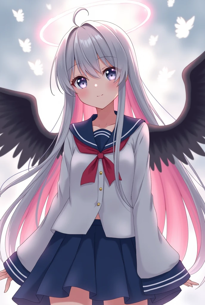 a beautiful girl with silver long hair, gray eyes. pink hair with white gradations, wearing a Japanese school seifuku uniform, wearing black wings. and a ring of angels overhead.