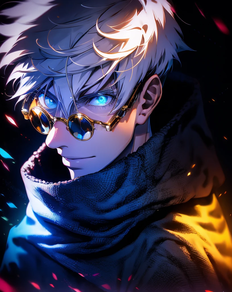 realistic,shiny,reflective,bioluminic, galactic cybernetic mask,mecha,(assassin:1.2),((((scarf,long cloak)))),Boy, red hair, white eyes, smiling, hands in pockets, wearing school uniform