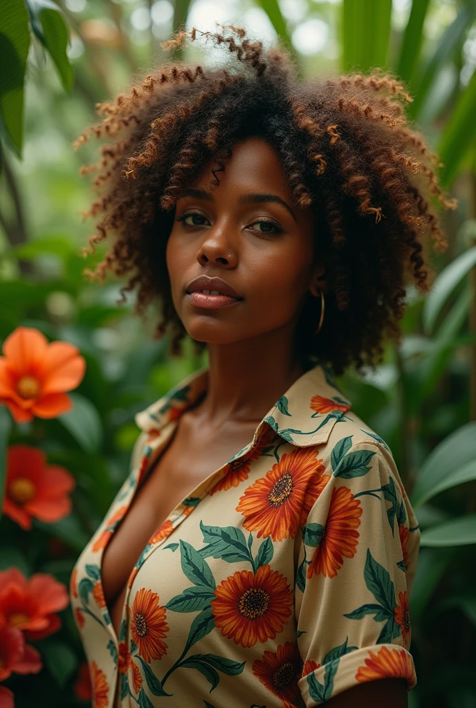 A Brazilian woman in a lush tropical garden, wearing an open shirt with a floral print, with a close-up capturing the harmonious beauty between her breasts and the natural flowers, showing off your natural charm and outgoing personality.