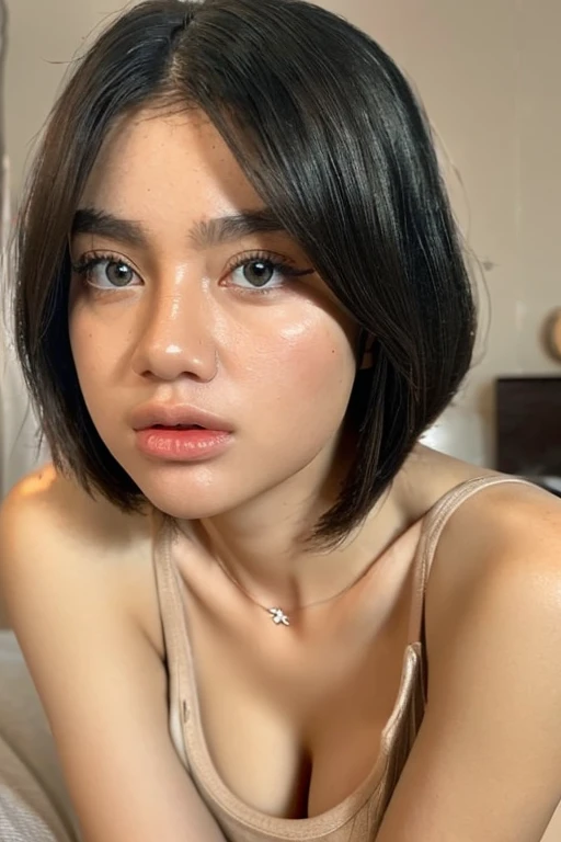 ((Realistic lighting, beste-Qualit, 8k, tmasterpiece:1.3)), Clear Focus:1.2, 1 adorable girl, Beautiful Indonesian Women with Perfect Figure:1.4, Slim abs:1.1, ((short Dark brown hair)), (bright skin),(puffed breast, ample cleavage), lie on bed,Ultra-fine face,Slender Eyes,double eyelid,sad face, NSFW