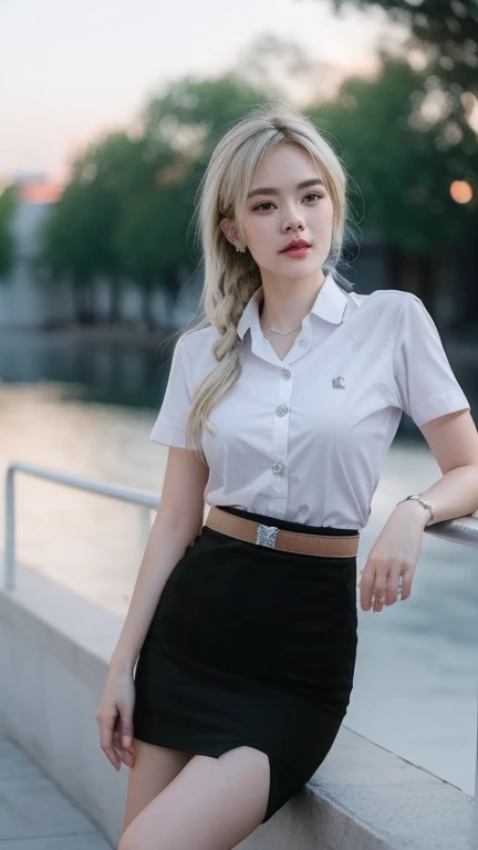 Pretty thai woman Hand on hip , (8k, best quality, masterpiece, ultra highres:1.2) Photo of Pretty thai woman beautiful, beautiful enchanting fashion contemporary painting with , (1girl), (white shirt short sleeves), ((black pencil skirt)), belt , blonde hair, , realistic skin texture , round chin, 85 mm art lens, f 1. 2, sharp focus, 8 k high definition, insanely detailed, intricate, elegant, large breasts, big breasts , black skirt 