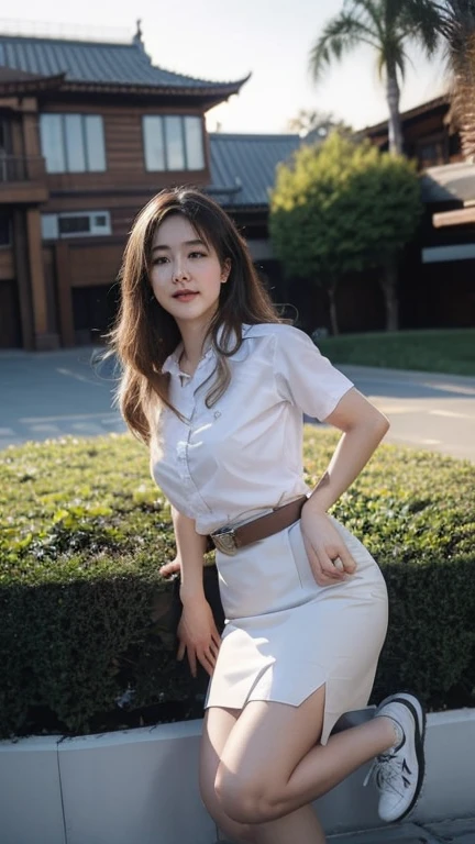 Pretty thai woman Hand on hip , (8k, best quality, masterpiece, ultra highres:1.2) Photo of Pretty thai woman beautiful, beautiful enchanting fashion contemporary painting with , (1girl), (white shirt short sleeves), ((black pencil skirt)), belt , blonde hair, , realistic skin texture , round chin, 85 mm art lens, f 1. 2, sharp focus, 8 k high definition, insanely detailed, intricate, elegant, large breasts, big breasts , black skirt