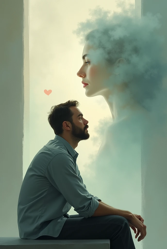 Creates a man sitting and thinking about his wife and his image of her in a mental cloud he thinks of her He is thinking about her desiring her intimately that he has to go over her to be with her in bed