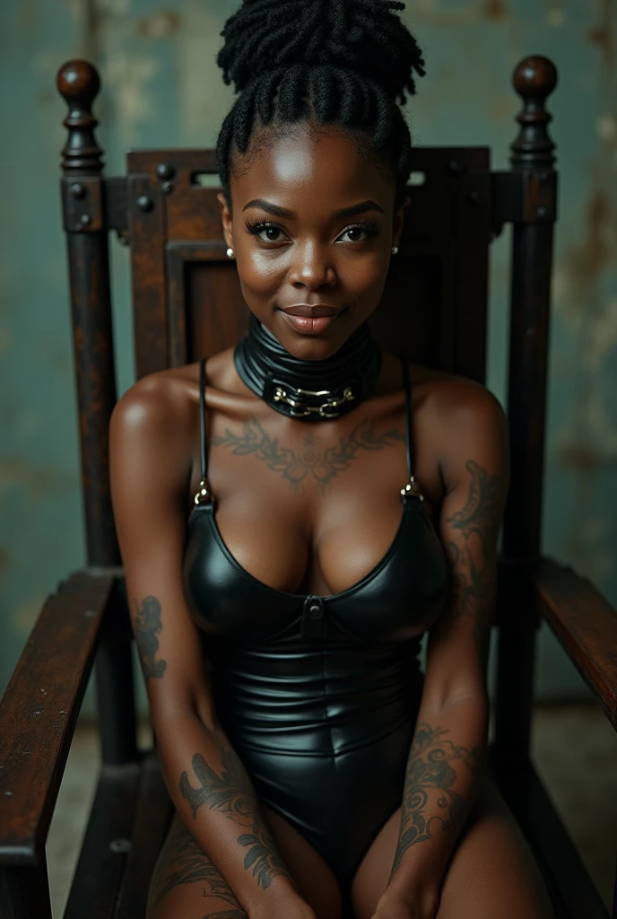 woman in electric chair, bound to electric chair, restrained, electrocution, execution, black woman, young, naked, short african braids, septum piercing, covered in tatoos, dimples, thick belt around neck, naughty expression, black shiny latex bodysuit, close-up, UHD, retina, masterpiece, accurate, anatomically correct, textured skin, super detail, high details, high quality, award winning, best quality, highres