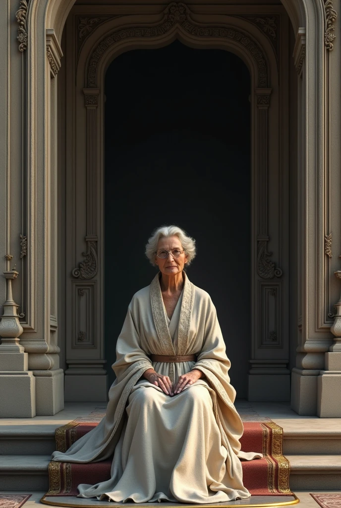 A wise lady sitting at the door of a mansion.