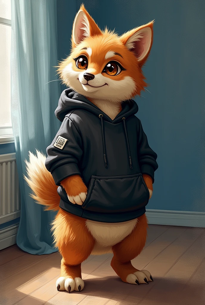 detailed fluffy fur texture, impasto impressionism, (by foxovh, ross tran, michael garmash, pino daeni, iskra), detailed eyes, highly detailed pupils, solo, furry, anthro, rubble-pp, domestic dog, male, bright brown eyes, brown fur, beige body, fur body, fully clothed, detailed fluffy fur texture, curvy, wide hips, inner fluff ears, from front, standing, hood, black hoodie, blue track interior apartment background, day, 1boy, smile, butt Bigger Bend over A smack
