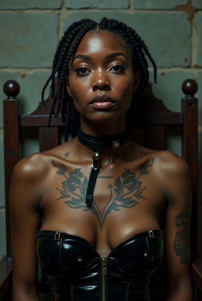woman in electric chair, bound to electric chair, restrained, electrocution, execution, black woman, young, naked, short african braids, septum piercing, covered in tatoos, dimples, thick belt around neck, naughty expression, black shiny latex bodysuit, close-up, UHD, retina, masterpiece, accurate, anatomically correct, textured skin, super detail, high details, high quality, award winning, best quality, highres