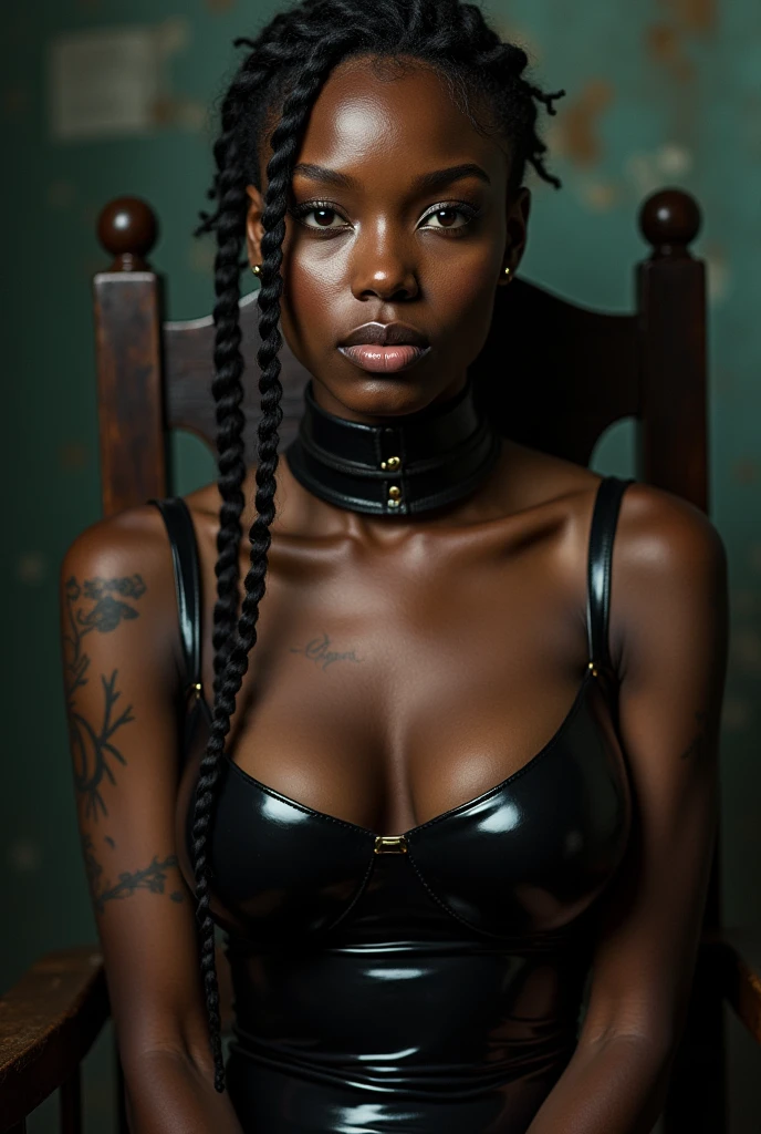 woman in electric chair, bound to electric chair, restrained, electrocution, execution, black woman, young, naked, short african braids, septum piercing, covered in tatoos, dimples, thick belt around neck, naughty expression, black shiny latex bodysuit, close-up, UHD, retina, masterpiece, accurate, anatomically correct, textured skin, super detail, high details, high quality, award winning, best quality, highres