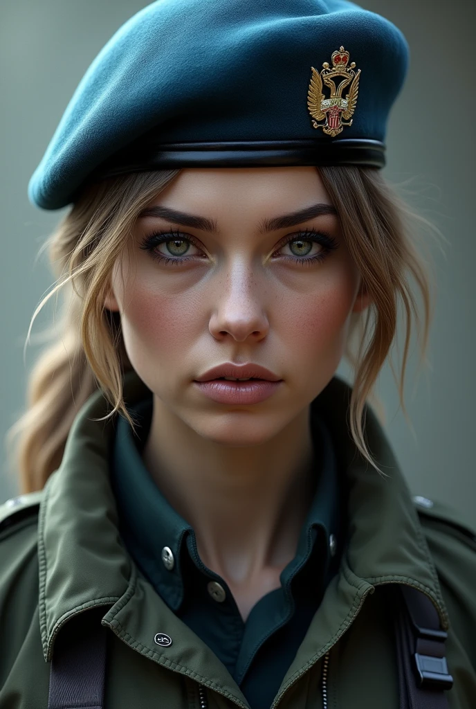 Could you generate an image of what a Russian female spetsnaz would look like with a blue beret and a serious and intimidating look?
