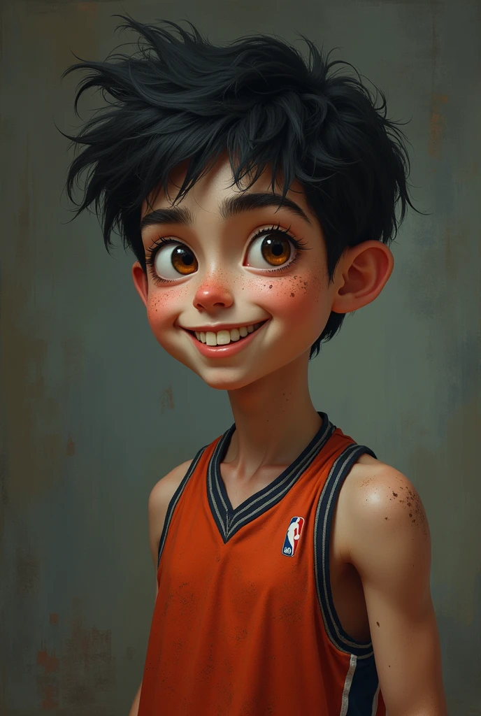 Tall boy, pale skin, black fur, many dark circles, He likes basketball, has freckles and moles, He has a good smile with teeth and brown eyes