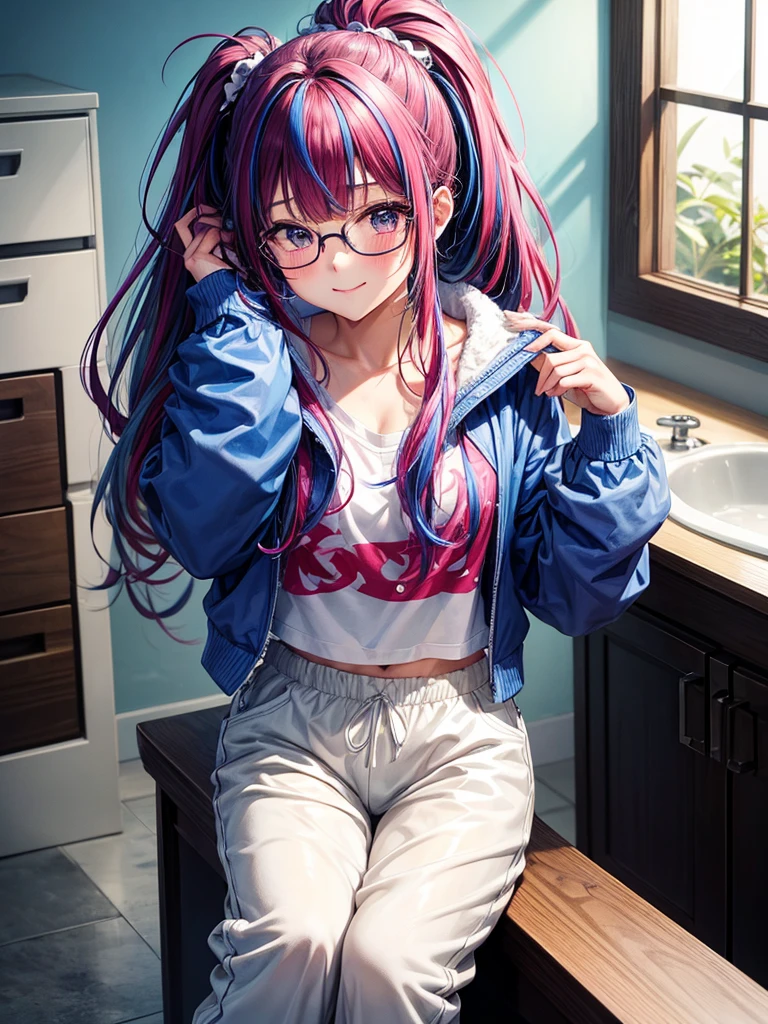 middle School girls,smile,Best Quality,High-dimensional beautiful girl,Multidimensional beautiful girl,8k,Highest quality,fake glasses,Ponytail hairstyle,Long Hair,cute,fluffy,Angel,Long Hair,perfection,masterpiece,Have sparkling eyes,Horny girl,Blue Track Jacket,Naughty Girls,Bathroom,美しいcute女の子,Girl after bath,Wiping hair with a towel,Wet Hair,Horny girl,Beautiful girl,Long trousers,Multicolored hair colors,Latest Fashion, girl,