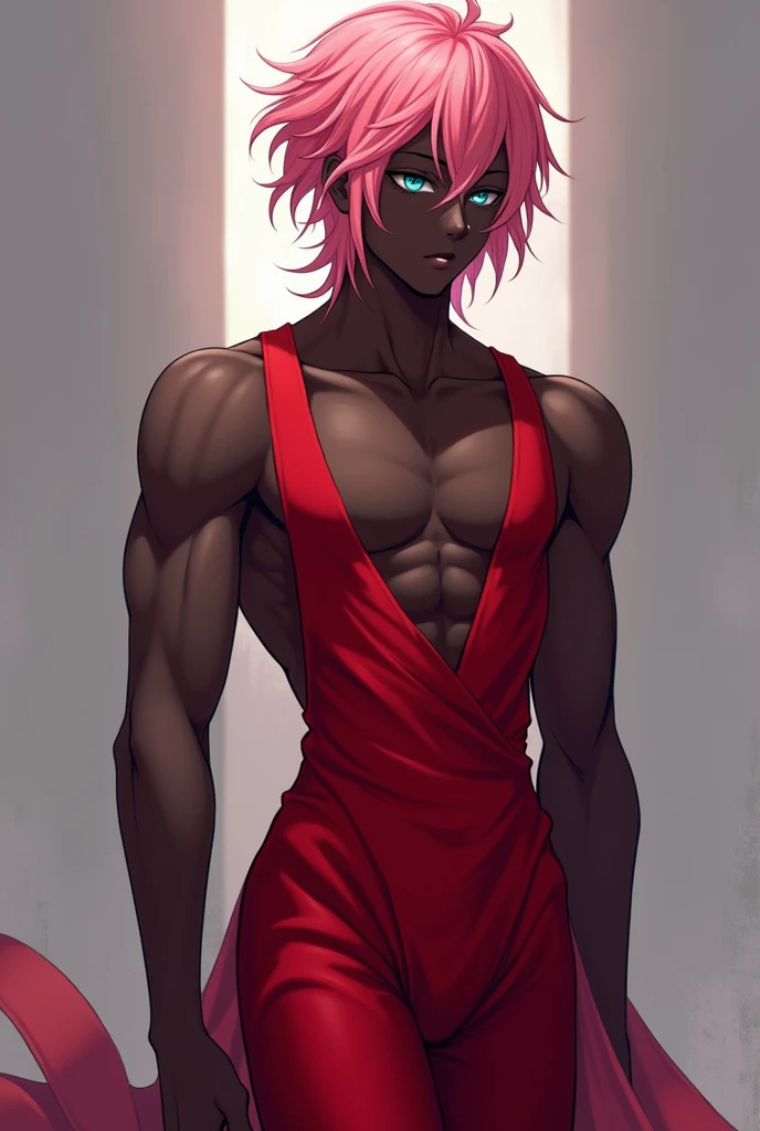 Draw an anime guy with dark pink hair, light baby blue eyes, and black skin. He's wearing a tight dress on his masculine body, on his thin waist. The color of the dress is red. He's a handsome guy.