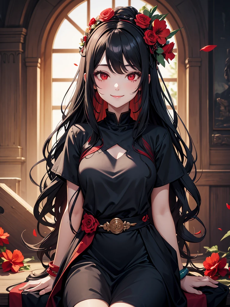 woman, red eyes, black  long wavy hair, wearing flowers on her head. she smile