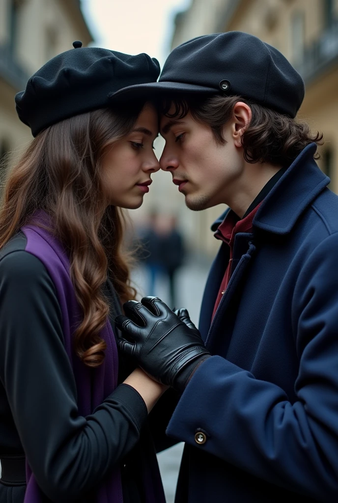 Scherlock Holmes from the Scherlock bbc series kissing the hand of a 14 year old Brazilian girl with long brown wavy hair brown eyes wearing a black beret and a black and purple t-shirt with black gloves and wearing a blue overcoat in the same style as Scherlock, realisitic,next to Doctor Watson also in the Scherlock series BBC is taking a photo of the two