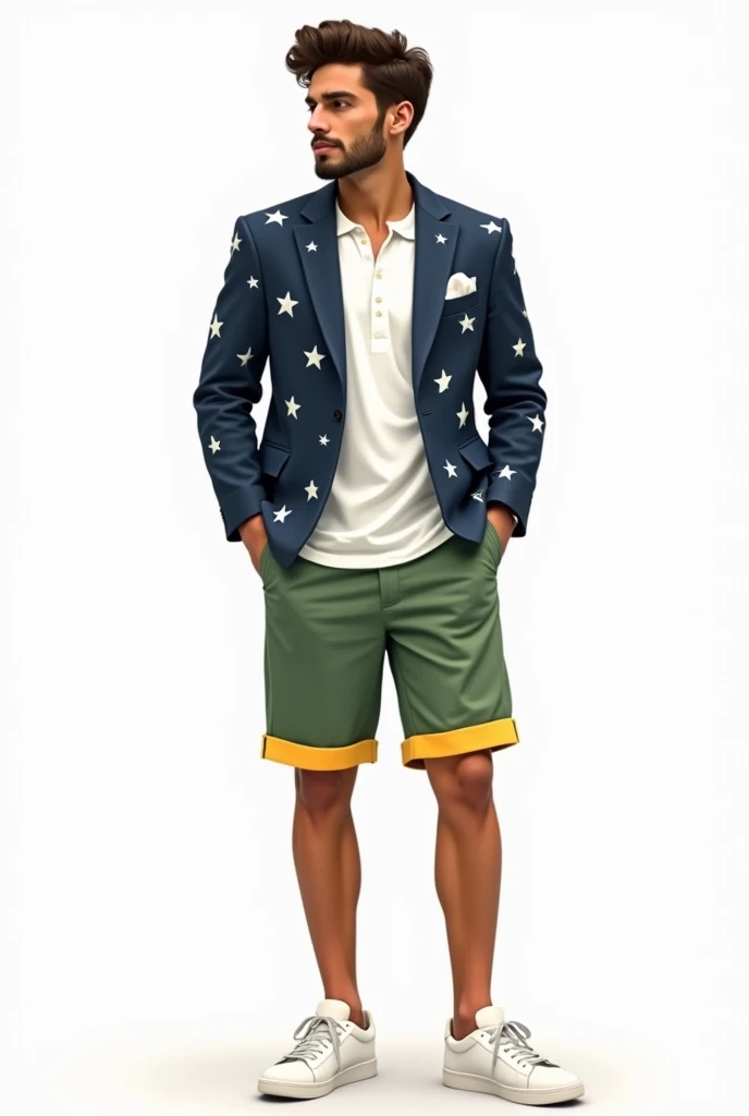 brown male sketch. white undershirt. elegant matcha green shorts with yellow hem. dark blue blazer with lots of white stars. white sneakers on the feet.