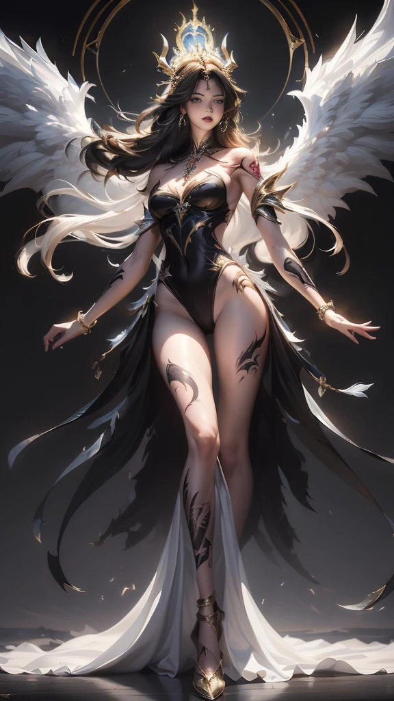 ((Perfect dynamic composition:1.7, Detailed tattoos all over the body:1.6, Wear exquisite jewelry:1.6)), Highly detailed skin and facial features:1.3, Details of the limbs, wings on shoulder, Angel wings and devil wings, white wings and black wings, (Realistic picture, highest resolution, 16ก), (A demon god with wide wings and enormous power on his shoulders..., Twelve wings on the shoulders., black bat wings:1.3 white angel wings:1.5), 6 angel wings, 6 devil wings, (Beautiful girl with two meter long hair, shiny black hairงาม, Smooth white skin, Lips are very red.), ((stand, already)), (big breasts, หัวBig tits), (gigantic breast, breast augmentation, Breast 400 cc., small waist, hips raised, small thighs, Long legs), (dynamic poses), (Armor that slightly conceals the body), Separate theme, (Angel wings and devil wings), floating in the air above the groundดิน, background darkness, Embraced with twelve wings, The horns that grow from the head are like a crown., He who has light, wears little armor, There is power coming out of the body., sparkling wings, white light black light, amazing wings, beautiful gesture, 8K resolution, Resolution 4000 x 2250 pixels, beautiful gesture, Angel wings and devil wings, (Realistic picture, highest resolution, 16K), (A demon god with wide wings and enormous power on his shoulders.., Twelve wings on the shoulders., black bat wings:1.3 white angel wings:1.5), Angel wings and devil wings, white wings and black wings,, Have wings 100 Have wings 1000, Angel wings and bat wings, wings inserted between wings, 12 wings, 6 angel wings, 6 bat wings, Angel wings and devil wings, white wings and black wings,, (Beautiful girl with two meter long hair, shiny black hair, Smooth white skin, Lips are very red.), very long hair, ((stand, toe)), (big breastsโต, หัวBig tits), (gigantic breast, small waist, hips raised, small thighs, Long legs), (dynamic poses), (black and white leotard, There are beautiful patterns., Decorated with gold embroidery., Show off your chest), Separate theme, (Angel Wings and Demon Lord Wings), floating in the air above the ground, background darkness, Embraced with twelve wings, He is white and black., A rainbow glow on the back of the head, The most busty breasts, Big tits, universe backdrop, dynamic gesture, Drive the skin, Smooth white skin, (The wings are in layers, alternating with white, alternating with black. The wings are alternating with layers of white, alternating with layers of black, and alternating again.), gold pattern set