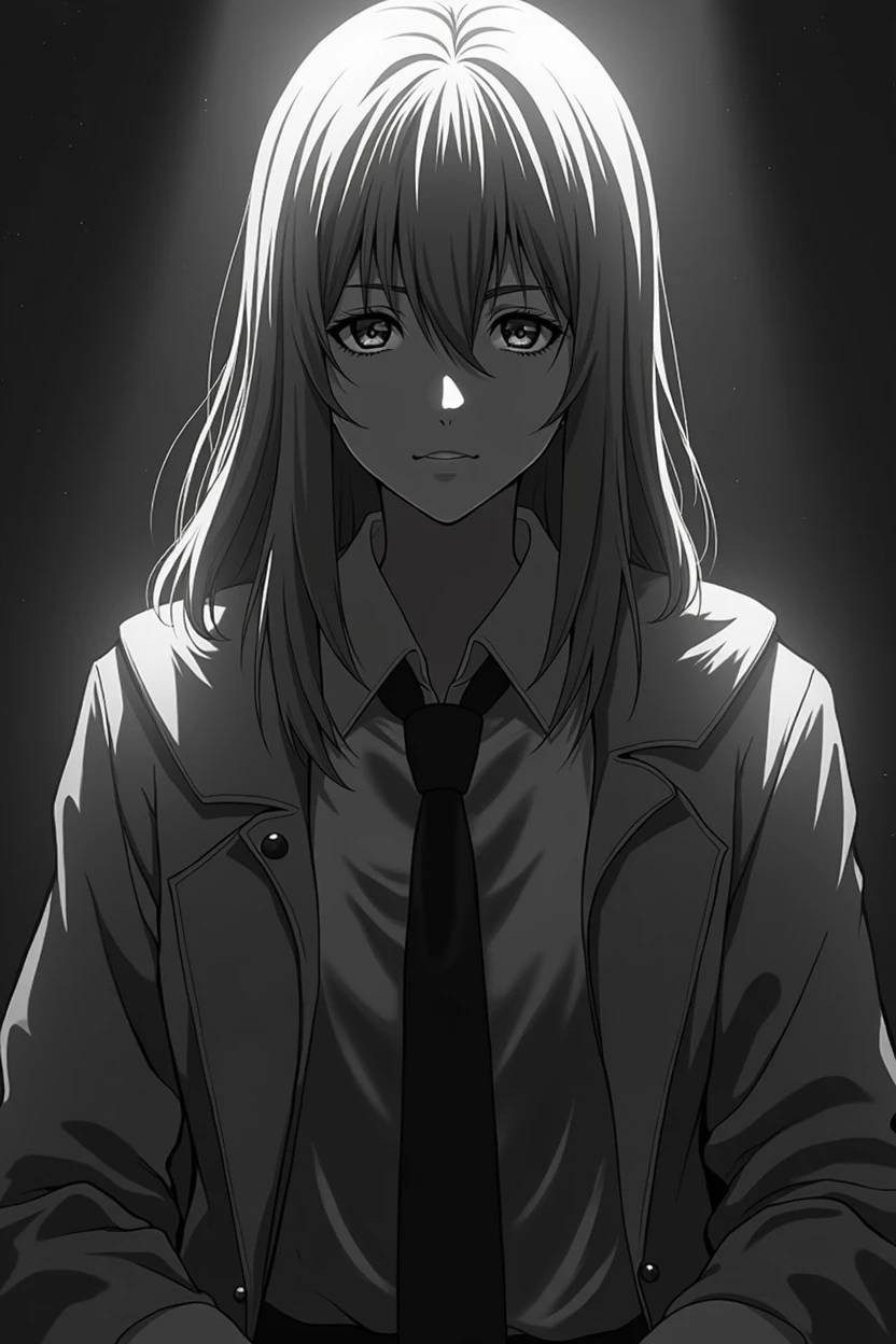 create an anime, like from anime tv, very serious anime, black and white color, tragedic
