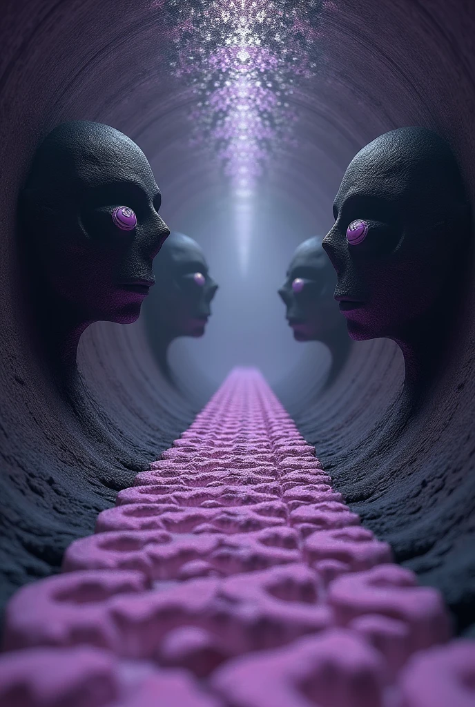 Photorealistic DMT trip in tunnel made of very thin modular layers, each layer inside with minuscule scales texture, all layers have a ring shape, going inside a void made of dark mist, all in purple tones to gray tones, outside around the tunnel 3 big heads of black entities with alien eyes, their eyes have a strange thin white design around them. One of the heads are above the tunnel, the other 2 heads are down the tunnel, one on left side  and another in right side. All with dream like texture