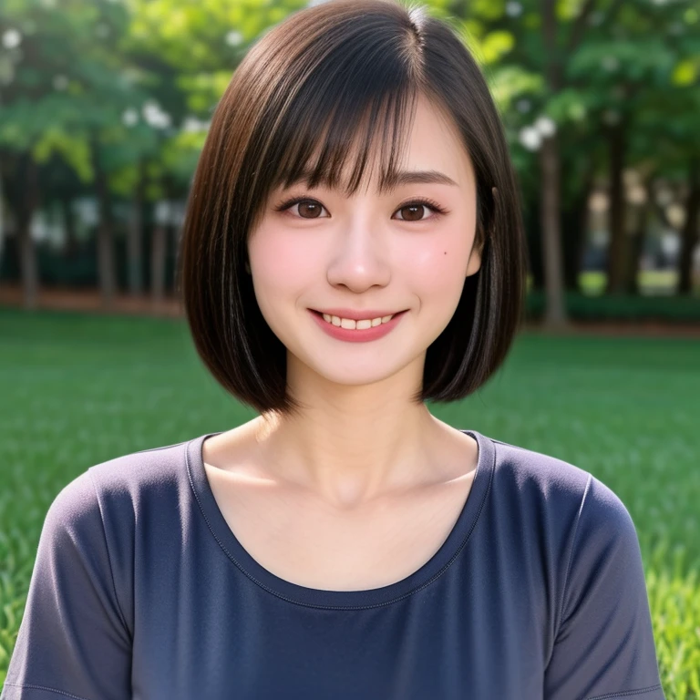 (kawaii 24 year-old Japanese girl, Nogizaka idol, Korean idol), healthy female athlete body, (glossy black hair, short hair, pixie cut, bangs:1.3), (rounded face, pure black eyes, single eyelid, no makeup, splashing smile:1.2), (wears crew neck t-shirt:1.3), extra small breasts, BREAK, (park background, turf:1.3), (dynamic angle, bust shot:1.2), BREAK, (masterpiece, best quality, photo realistic, official art:1.4), (UHD, 8K quality wallpaper, high resolution, raw photo, golden ratio:1.3), (shiny skin), professional lighting, physically based rendering, award winning, (highly detailed skin, extremely detailed face and eyes, anatomically correct body), Carl Zeiss 85 mm F/1.4, depth of field, 1girl, solo,